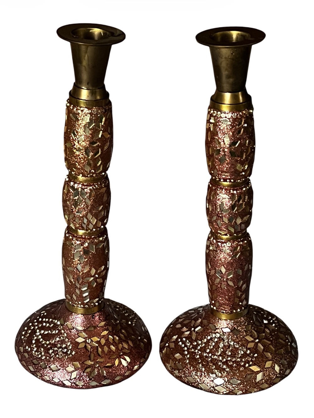 Boho Indian Mosaic Mirror Mirrored Copper Colored Glitter Candlesticks Set